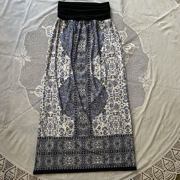 B Design Maxi Skirt Ruched Waist Pull-On Stretch Geometric Size L Blue Cream - Picture 4 of 11